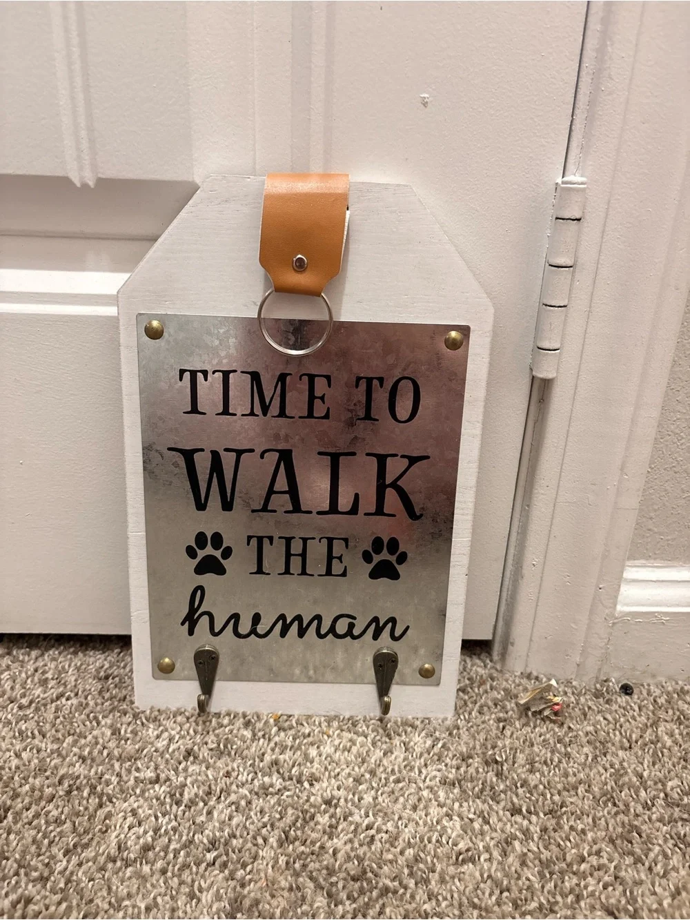 Time to Walk Wall Hook Sign with White Frame and Tan Strap